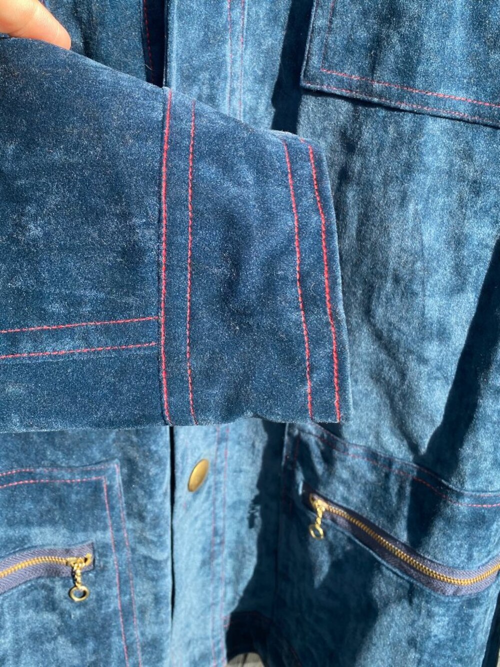 1970s Sears The Men's Store Sportswear Blue Suede Velour Safari Chore Jacket 46 - Picture 10 of 13